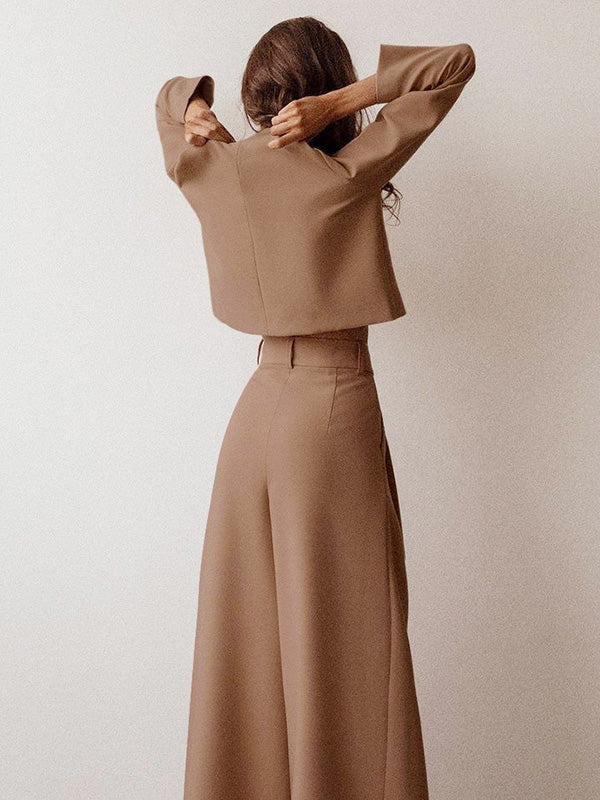 Casual Solid Color Round-Neck Long Sleeves T-Shirt+Wide Leg Pants 2 Pieces Set