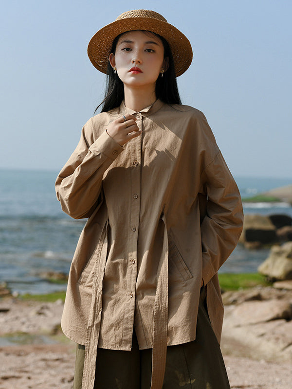 Artistic Retro Loose Long Sleeves Buttoned Tied Solid Color Stand Collar Blouses&Shirts Tops