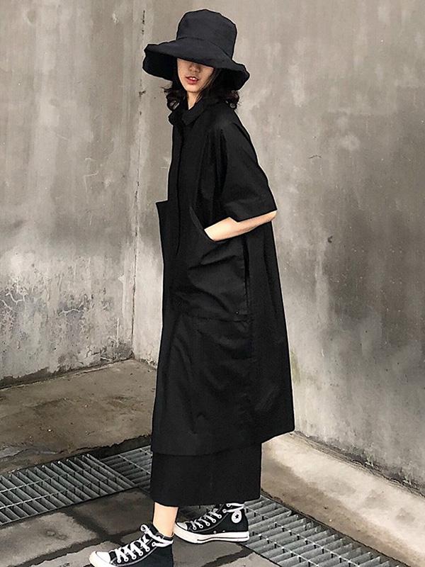 Original Loose Oversize Solid Black Blouse Dress