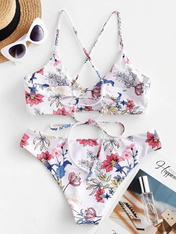 Floral-Print Bandage Backless Split Bikini Swimsuit