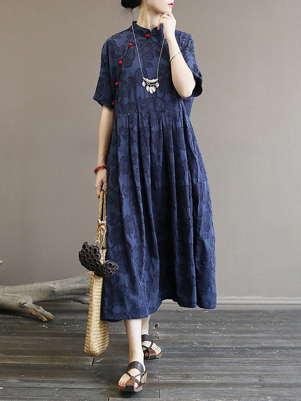 Original Solid Embroidered Stand Collar Midi Dress Long Cheongsam