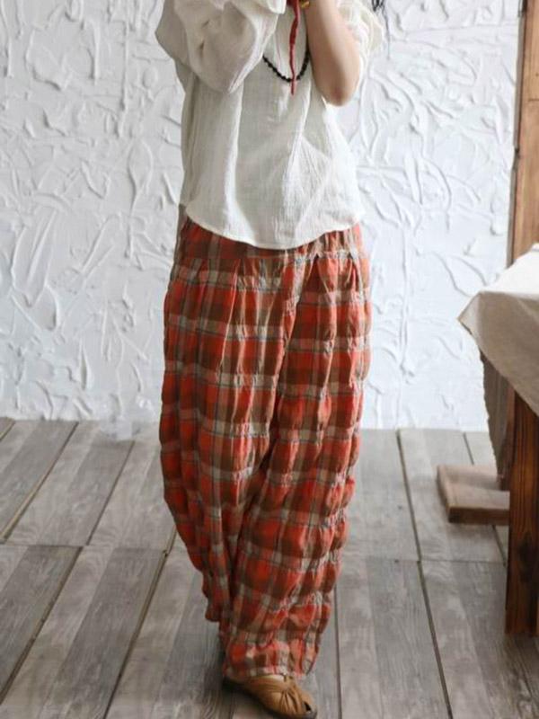 Casual Colorful Plaid Linen Pants