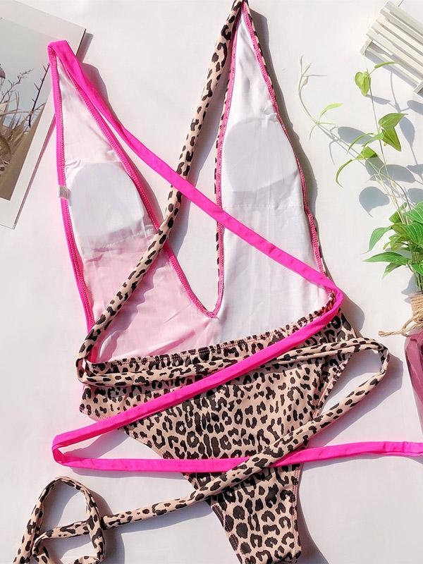 Leopard-Print Hollow Straps One-Piece Swimsuit