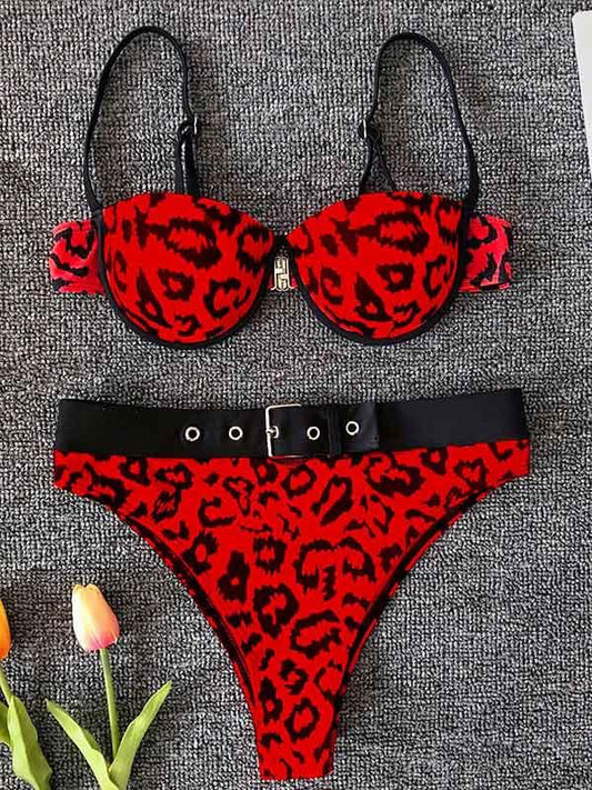 Leopard Print Underwired Belted Split Bikini Swimsuit