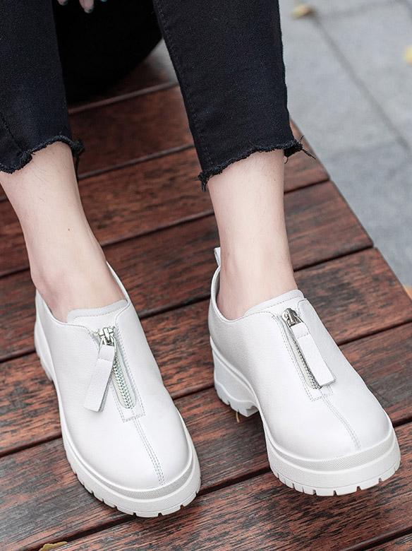 Leather Round Head Zipper Flats Shoes