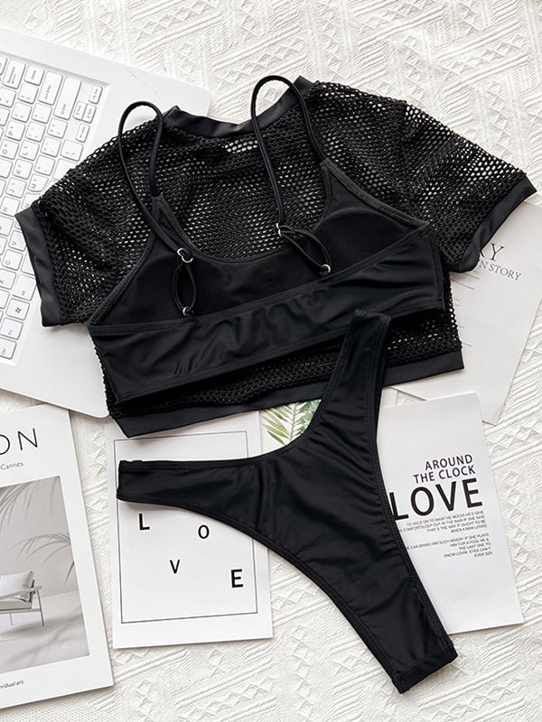 Hollow Black Bikini Swimsuit Three Pieces Set