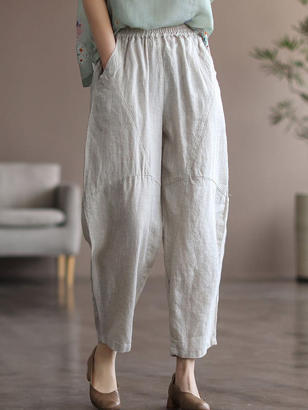 Simple Linen Solid Color Split-Joint Harem Pants