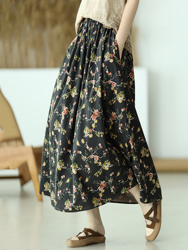 Stylish Ramie Cotton Floral Printed Loose A-Line Skirts