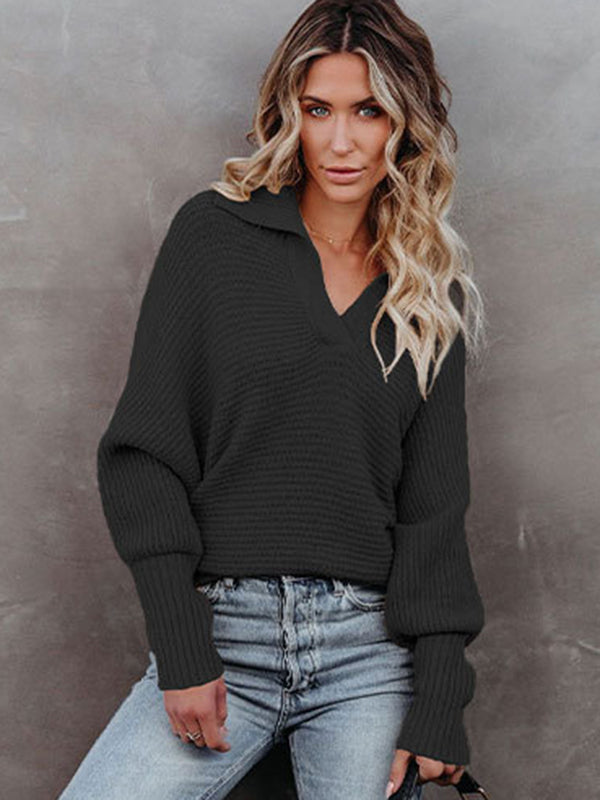 Long Sleeves Solid Color Lapel V-Neck Sweater Tops