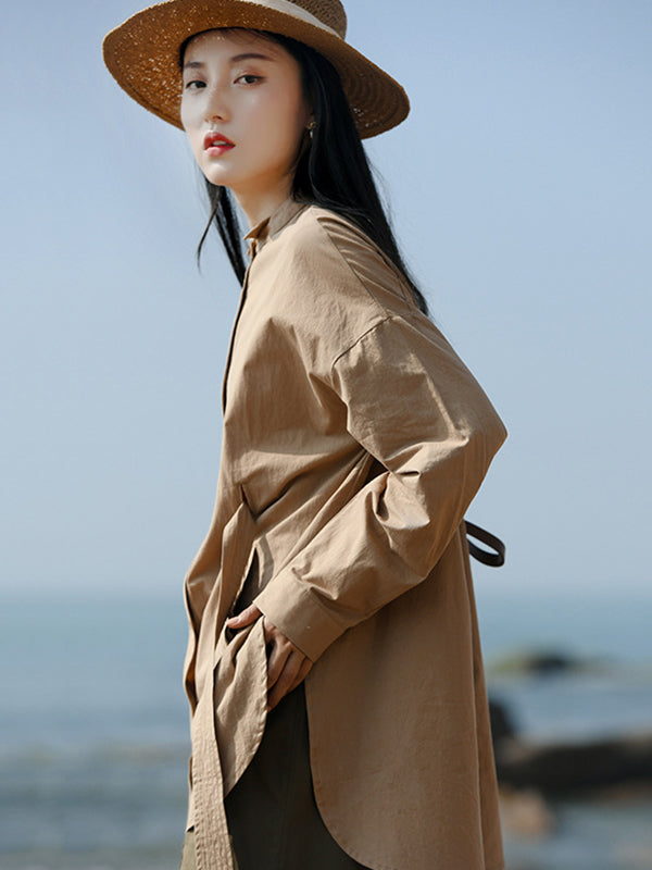 Artistic Retro Loose Long Sleeves Buttoned Tied Solid Color Stand Collar Blouses&Shirts Tops