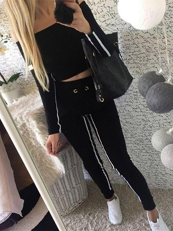 Long Sleeves Tee And Stripes Sports Pants Suits