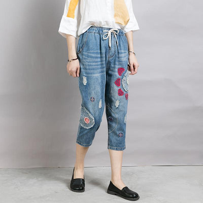 Casual Appliques Frayed Light Blue Jeans