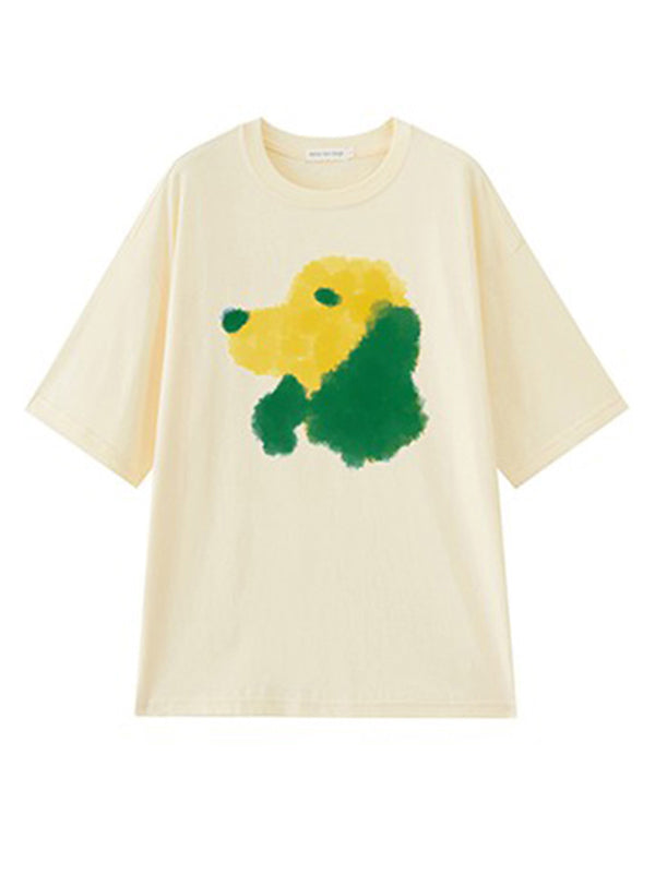 Oversized Contrast Color Dog Printed T-Shirt