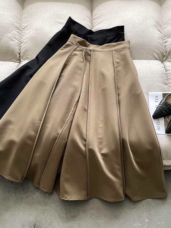 Simple Loose Solid Color Pleated A-Line High-Waist Long Skirt