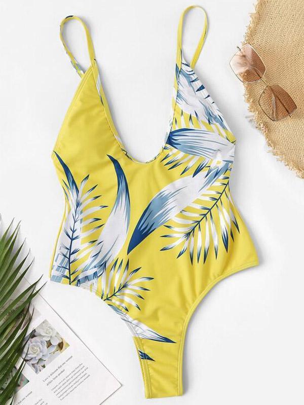 Striped & Leaves Printed One-piece Swimwear