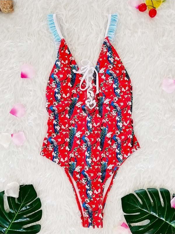 Printed Sexy Lace-Up One-piece Swimwear