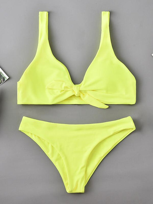 Sexy V-Neck Knotted Solid Color Split Type Bikini Swimsuit