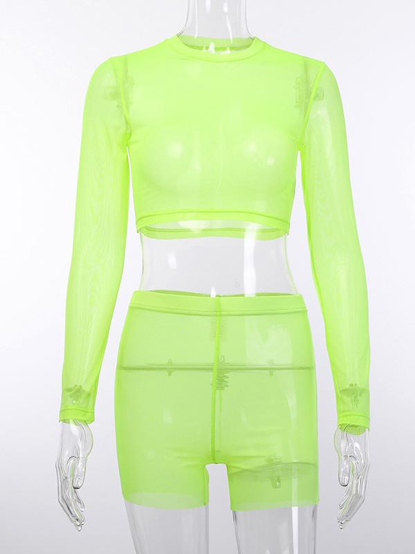 Mesh Long Sleeves Tops And Wrap Shorts Suits