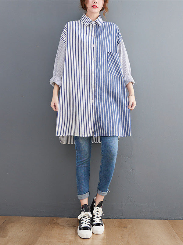 Artistic Retro Loose Striped Split-Joint With Pocket Buttoned Split-Side High-Low Lapel Collar Long Sleeves Blouse