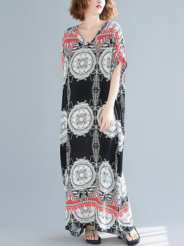 Loose Plus Size National Printed Maxi Dresses