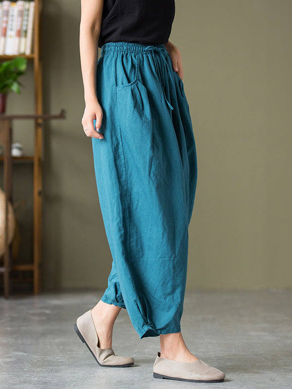 Simple Casual Loose Linen Solid Color Pleated Drawstring Knickerbockers