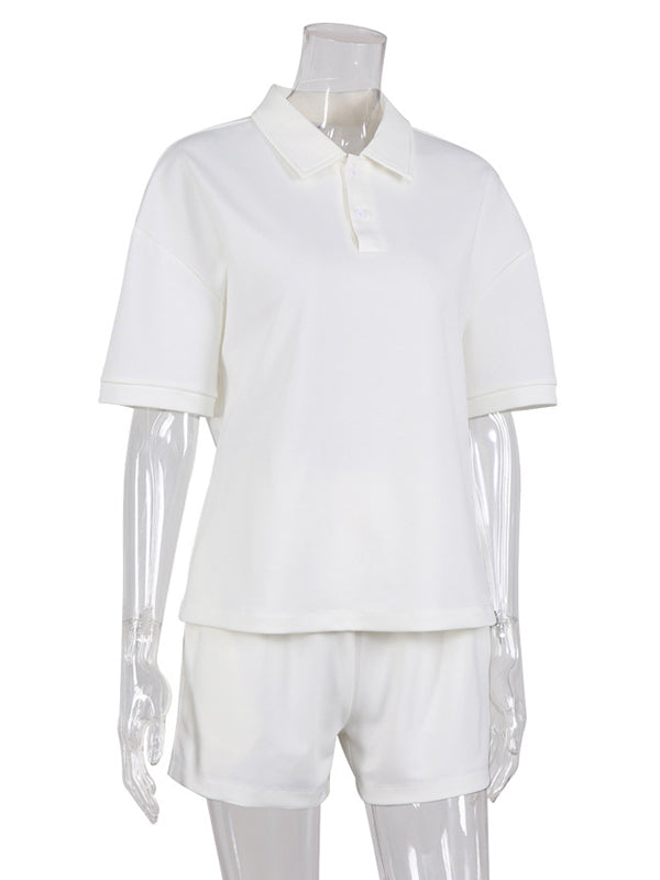 Simple White Lapel Polo Collar T-Shirt+ Shorts Two Pieces Set