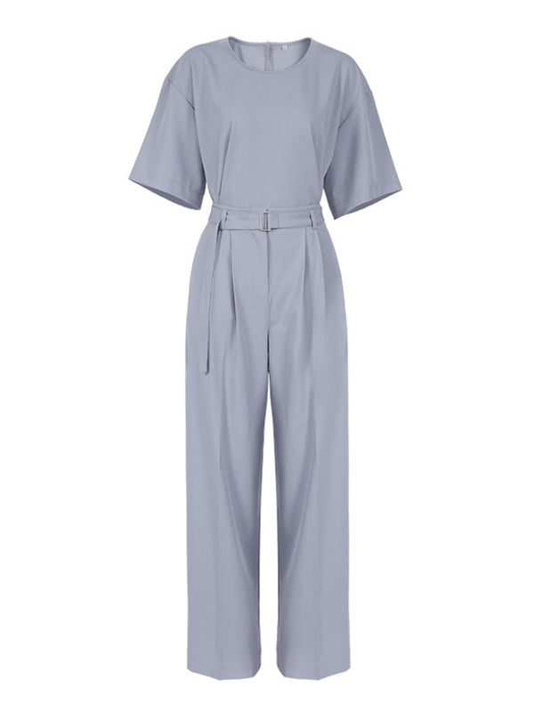 Casual Solid Color Zipper Buttoned Round-Neck Half Sleeves T-Shirt+Tied Wide Leg Pants 2 Pieces Set