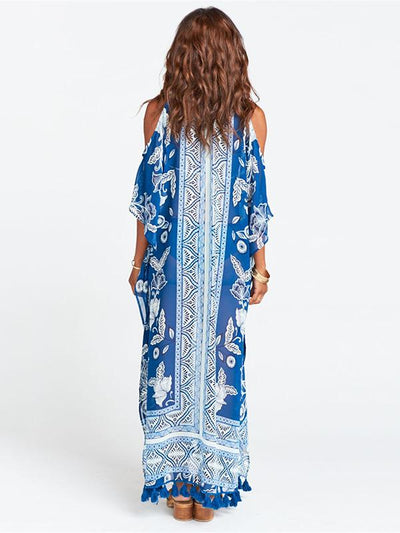 Blue White Printed Loose Plus Size Tasseled Bikini Cover-ups