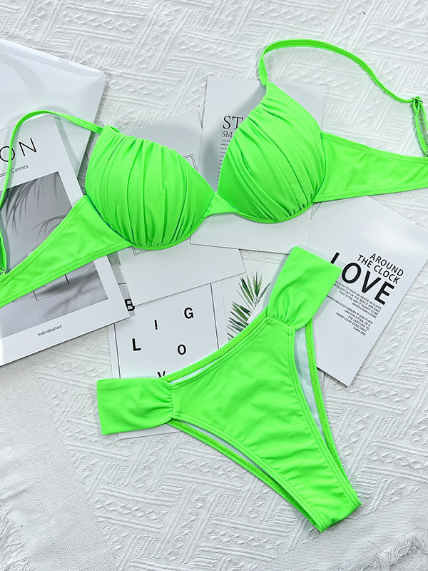 Fluorescent Solid Color Bikini Swimsuit