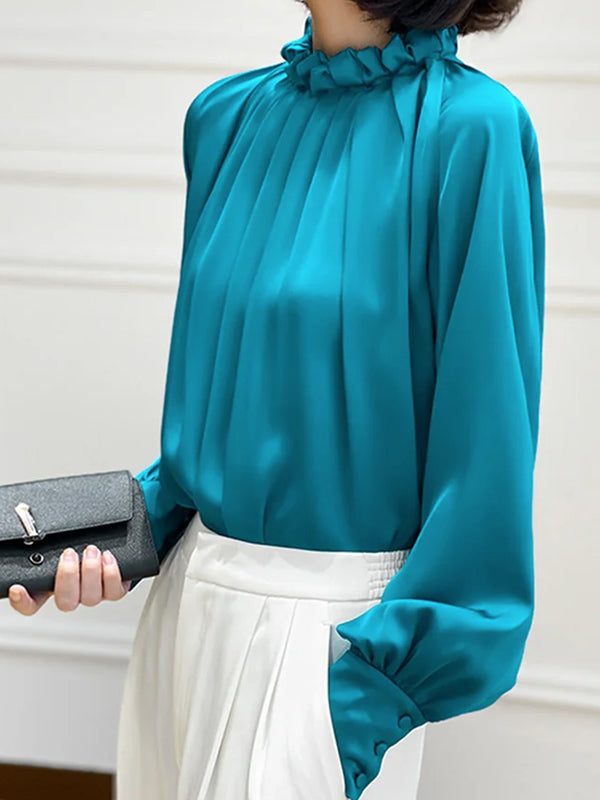 Original Creation Puff Sleeves Long Sleeves Pleated Solid Color Stand Collar Blouses&Shirts Tops