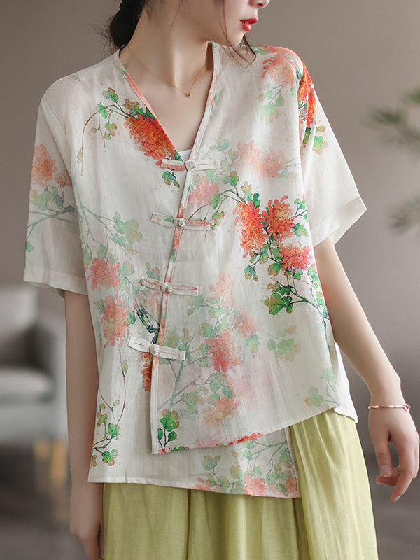 Artistic Retro Loose Ramie Cotton Buttoned Floral Printed Blouse