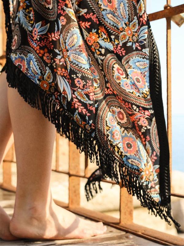 Printed Split-joint Tasseled Beach Cover-up