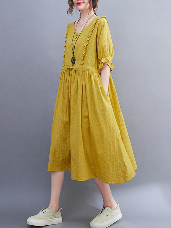 Original Loose Solid Color Falbala Drawstring Midi Dress