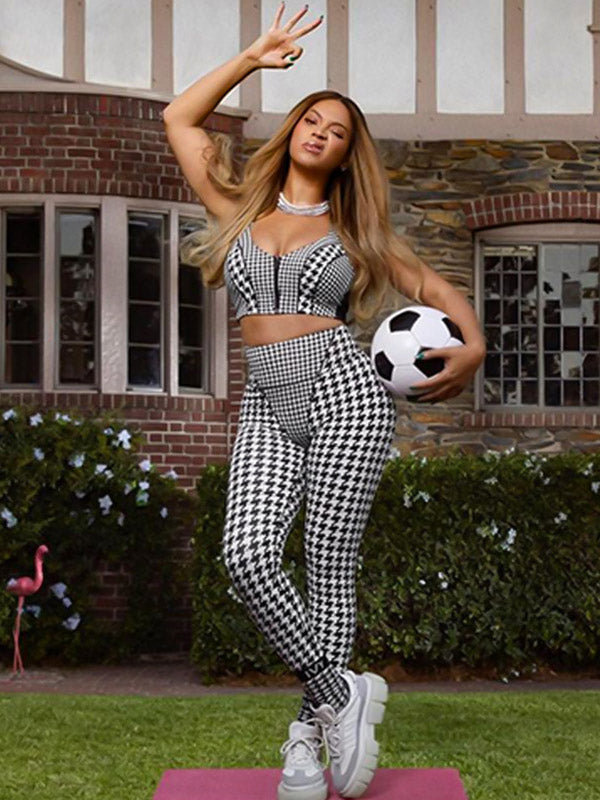 Checkerboard Zipper Bra&Leggings Sports Suits