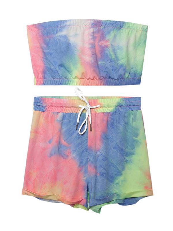 Tie Dye Off Shoulder And Drawstring Shorts Suits