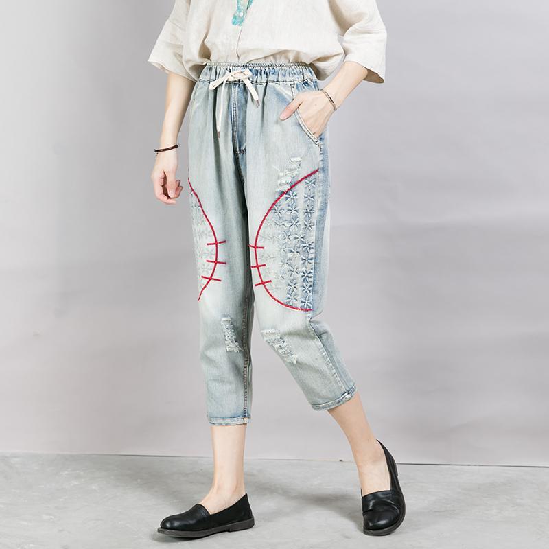 Casual Frayed Embroidery Drawstring Loose Jeans