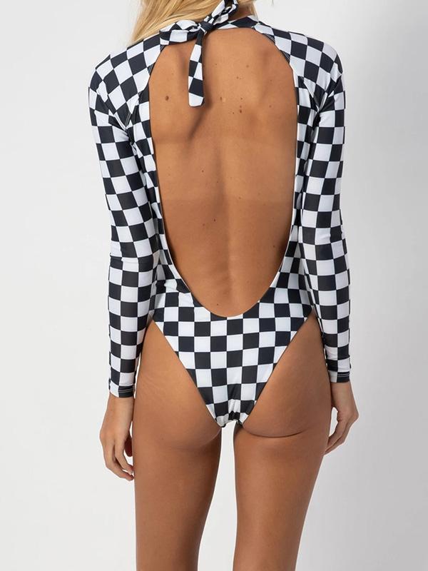 Multi-Color Long-Sleeve Halter One-Piece Swimsuit