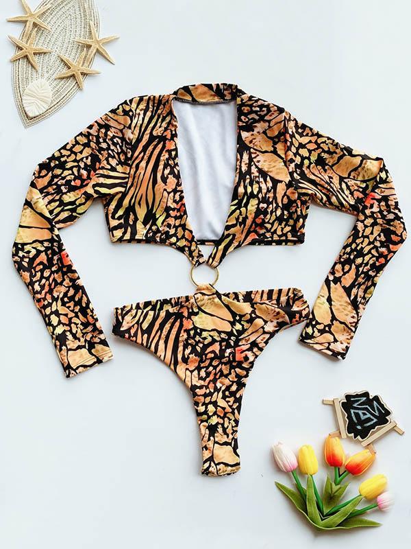 Long Sleeves Hollow Printed Siamese Swimwear