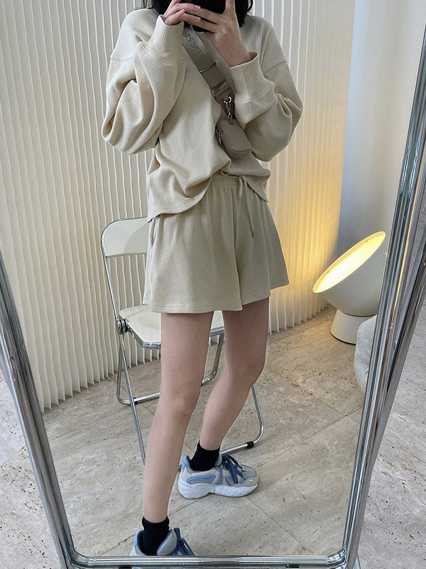 Casual Solid Color Sweatshirts& Drawstring Wide Leg Shorts Suits