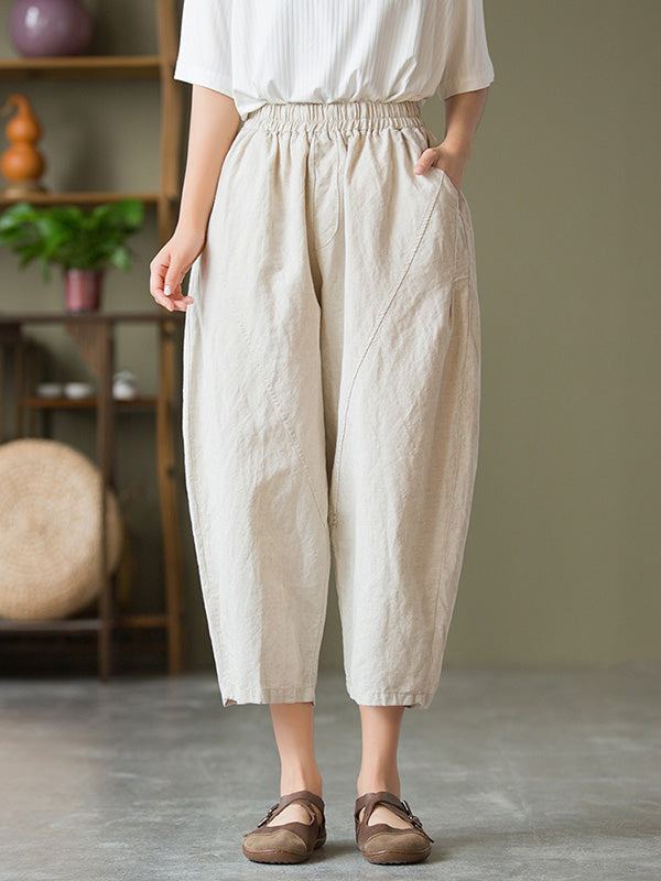 Simple Loose Linen Solid Color Split-Joint Pleated Drawstring Casual Pants