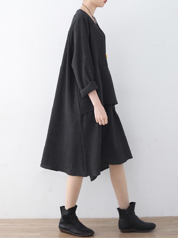 Black Split-joint Round-neck Linen Dress