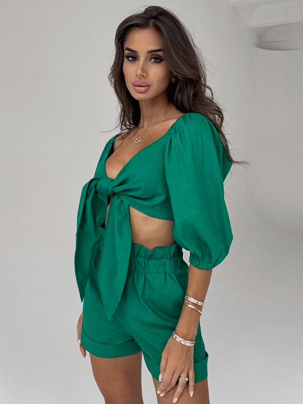 9 Colors Fashion Solid Color Blouse&Shorts Two Pieces Set