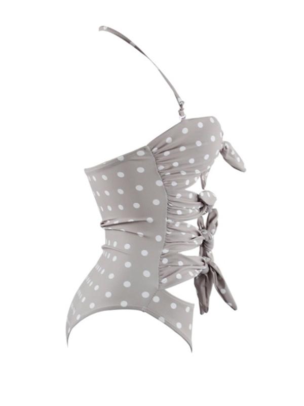 Spotted&Plain Bow-embellished One-piece Swimsuit