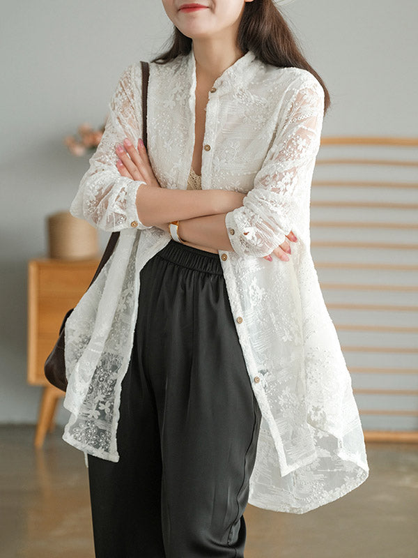 Artistic Retro Solid Color Lace Embroidered Buttoned Lapel Collar Blouse