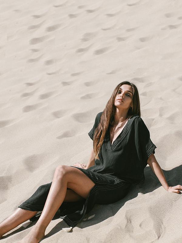 Soft Black V-neck Split-side Beach Long Dress Cover-up