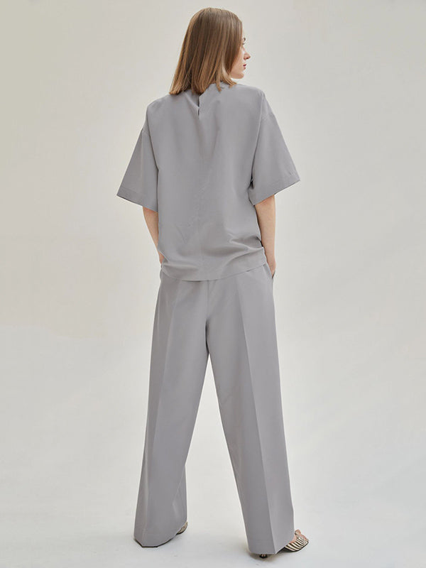 Casual Solid Color Zipper Buttoned Round-Neck Half Sleeves T-Shirt+Tied Wide Leg Pants 2 Pieces Set