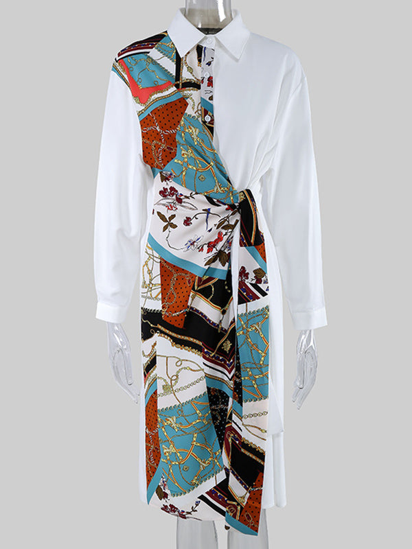 Original Printing Split-Joint Long Sleeve Shirt Dress