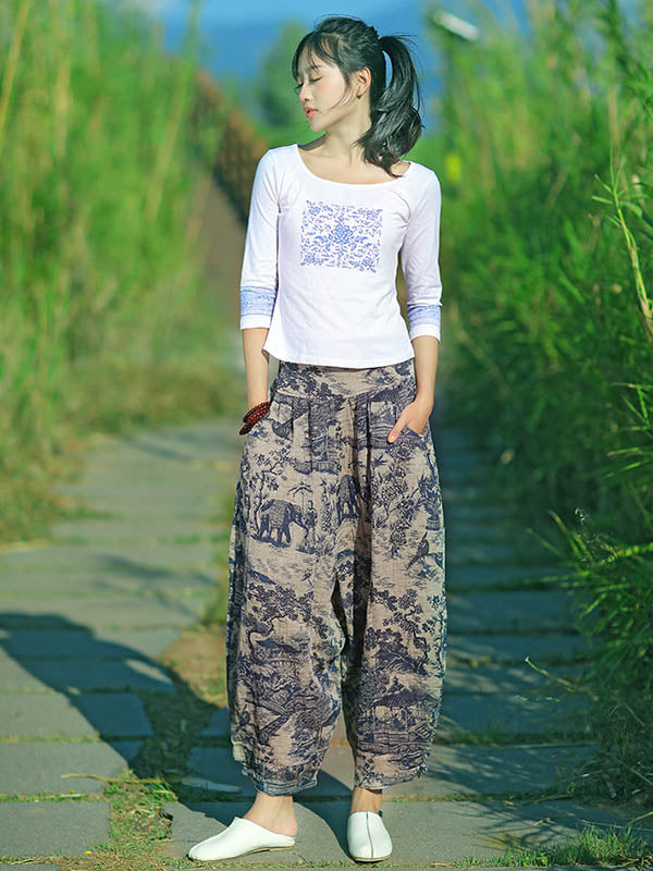 Vintage Elasticity Waist Ink Painting Printed Ninth Pants