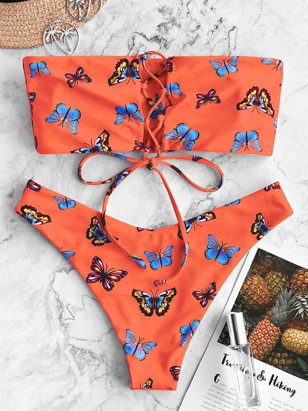 Floral-Print Bandeau Bandage Split Bikini Swimsuit