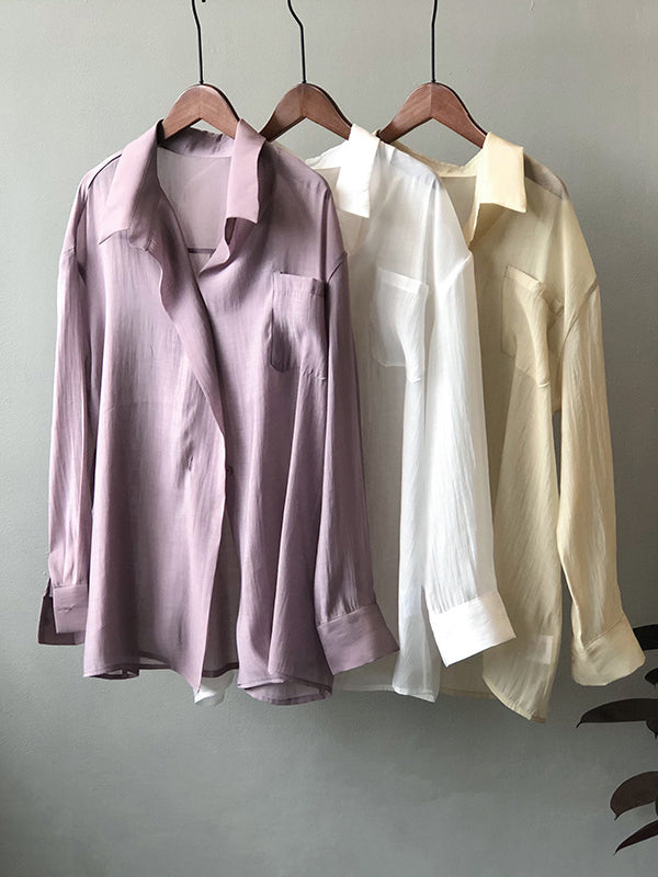 Simple Loose Long Sleeves Solid Color Thin Blouse